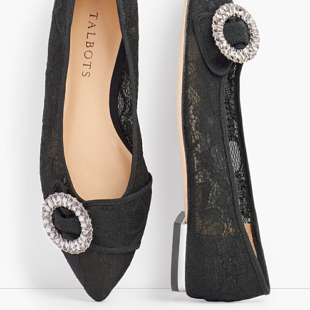 Talbots poppy black lace pointed toe flats with embellishments size 6